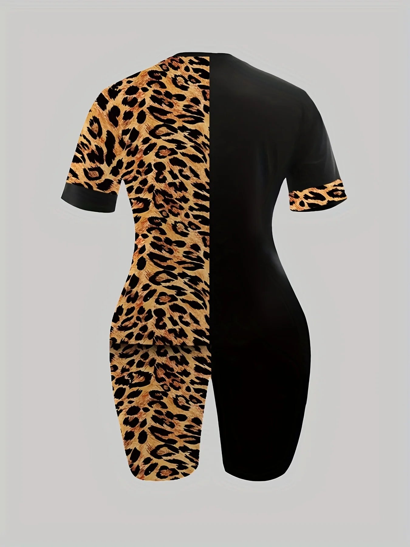 Plus Size Summer Fashion Outfits 2 Piece Set, Women's Leopard Print With Letter Print Short Sleeve Tee Shorts Leggings Clothing