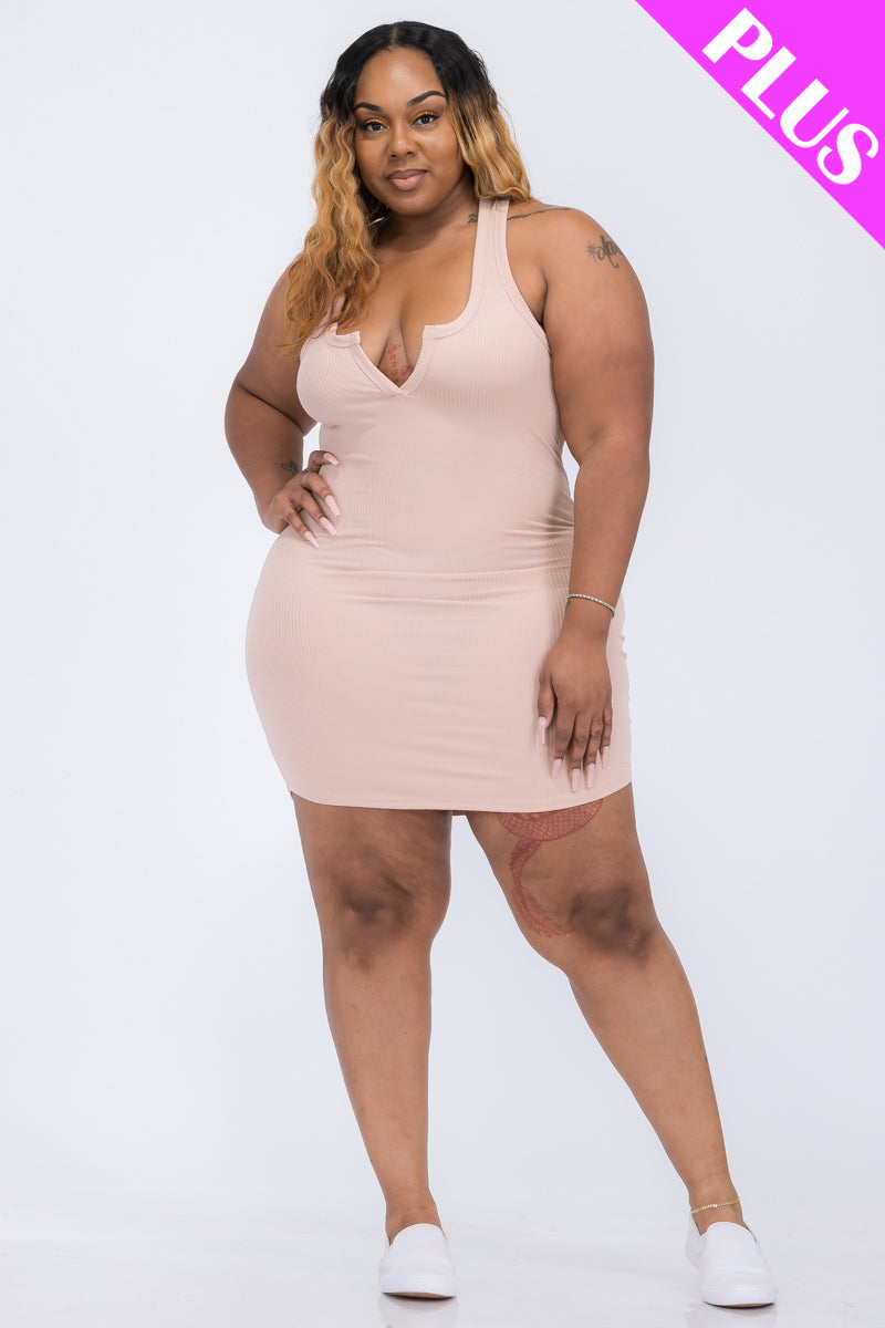 Plus Size Ribbed Split Neck Tank Mini Dress (CAPELLA)