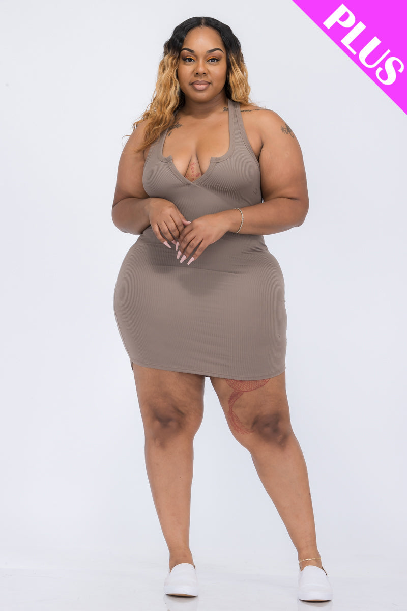 Plus Size Ribbed Split Neck Tank Mini Dress (CAPELLA)