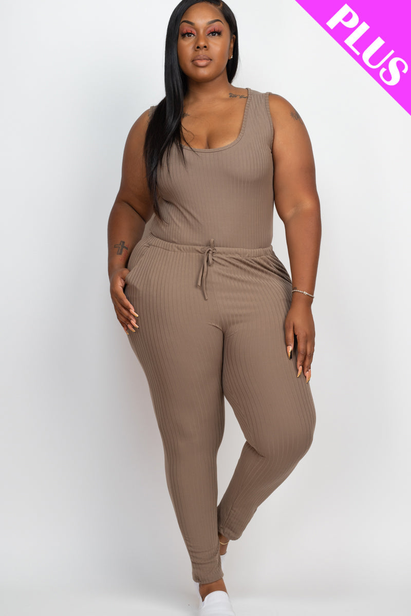 Plus Size Ribbed Sleeveless Drawstring Waist Jumpsuit (CAPELLA)