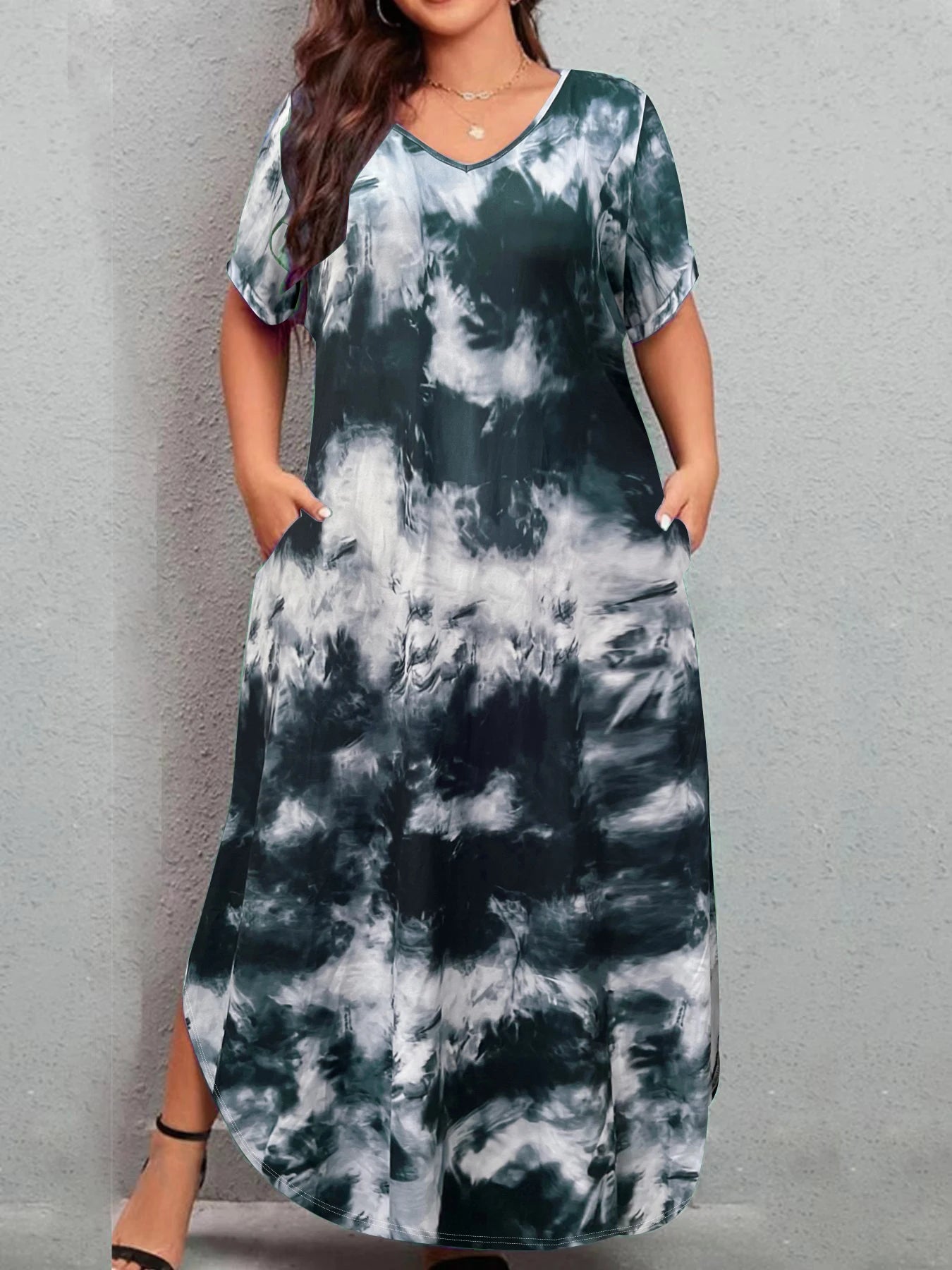 New European and American casual tie-dye V-neck loose plus size women's short-sleeved dress