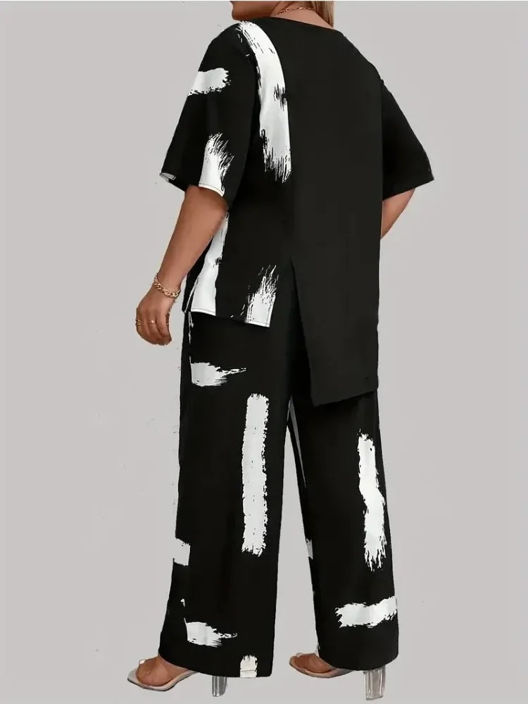 Plus Size Womens Brush Print Elegance Short Sleeve Round Neck Split Top & Matching Pants 2 Piece Outfit Set