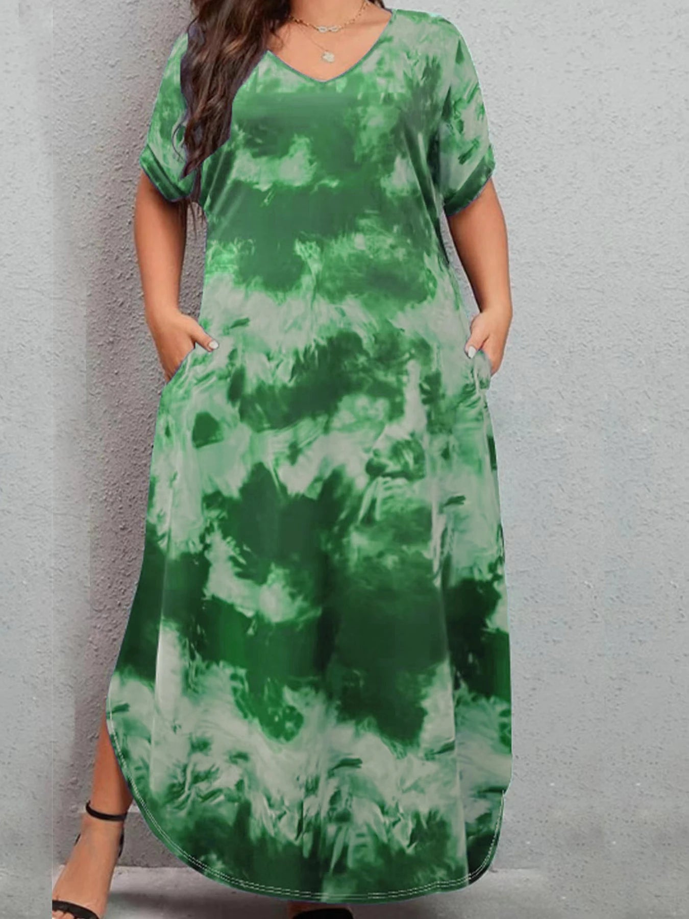 New European and American casual tie-dye V-neck loose plus size women's short-sleeved dress