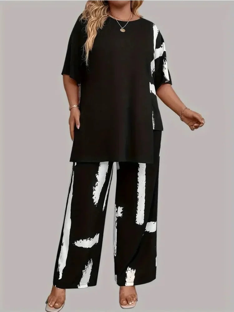 Plus Size Womens Brush Print Elegance Short Sleeve Round Neck Split Top & Matching Pants 2 Piece Outfit Set
