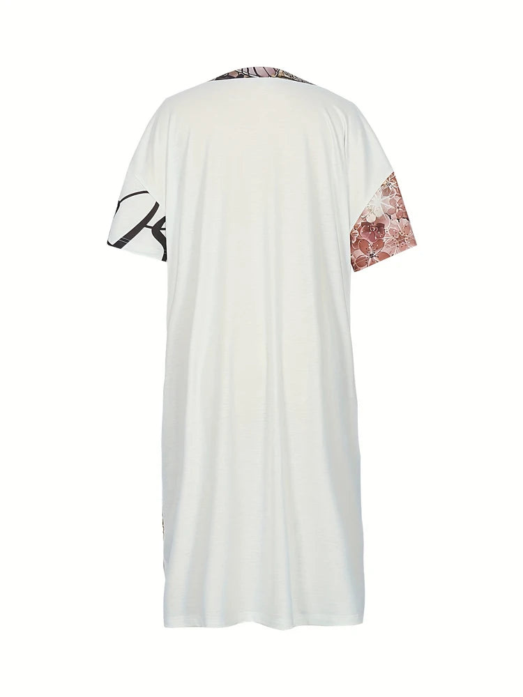 Plus Size Graphic and Letter Printed Dress,Casual Round Neck Short Sleeve Dress,Women's Plus Size Clothing
