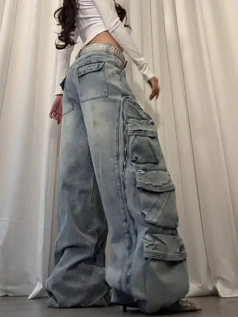 American New Fashion Retro Plus Size Washed Multi-pocket Overalls Jeans Women Y2K Street Straight BAGGY Wide Leg Drop Pants Tide