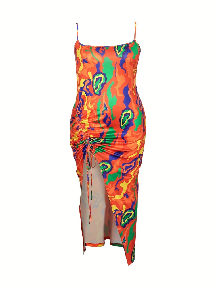 Plus Size Women's 2025 Summer New Printed Drawstring Front Halter Dress Beach Slit Sling Sexy Dresses