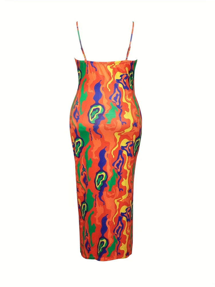 Plus Size Women's 2025 Summer New Printed Drawstring Front Halter Dress Beach Slit Sling Sexy Dresses