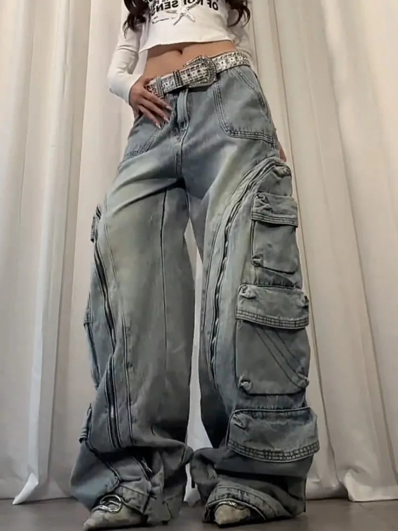 American New Fashion Retro Plus Size Washed Multi-pocket Overalls Jeans Women Y2K Street Straight BAGGY Wide Leg Drop Pants Tide