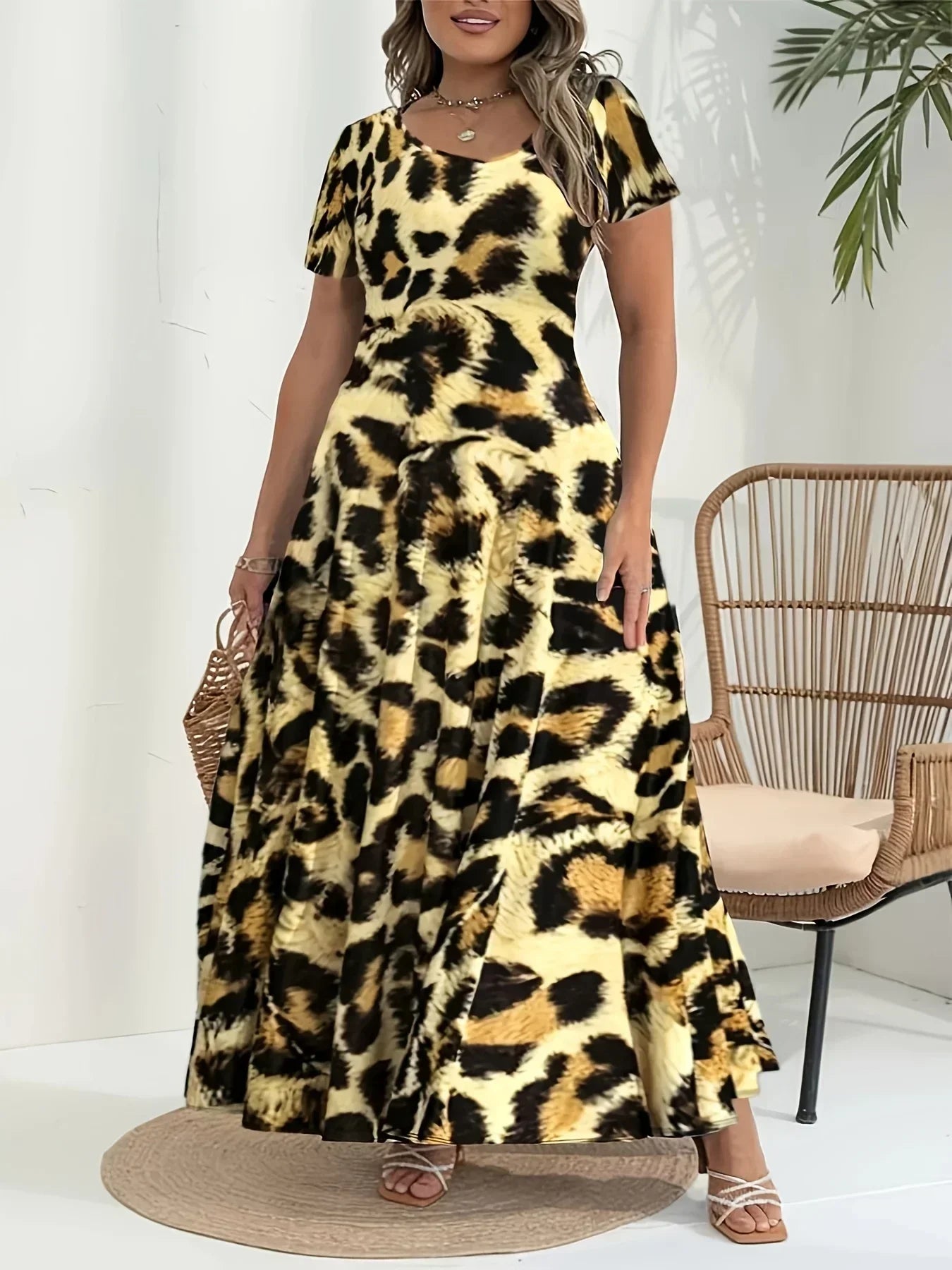 Plus Size 1XL-5XL Women's Fashionable and Casual Print Round Neck Short Sleeved Flared Hem Long Dress