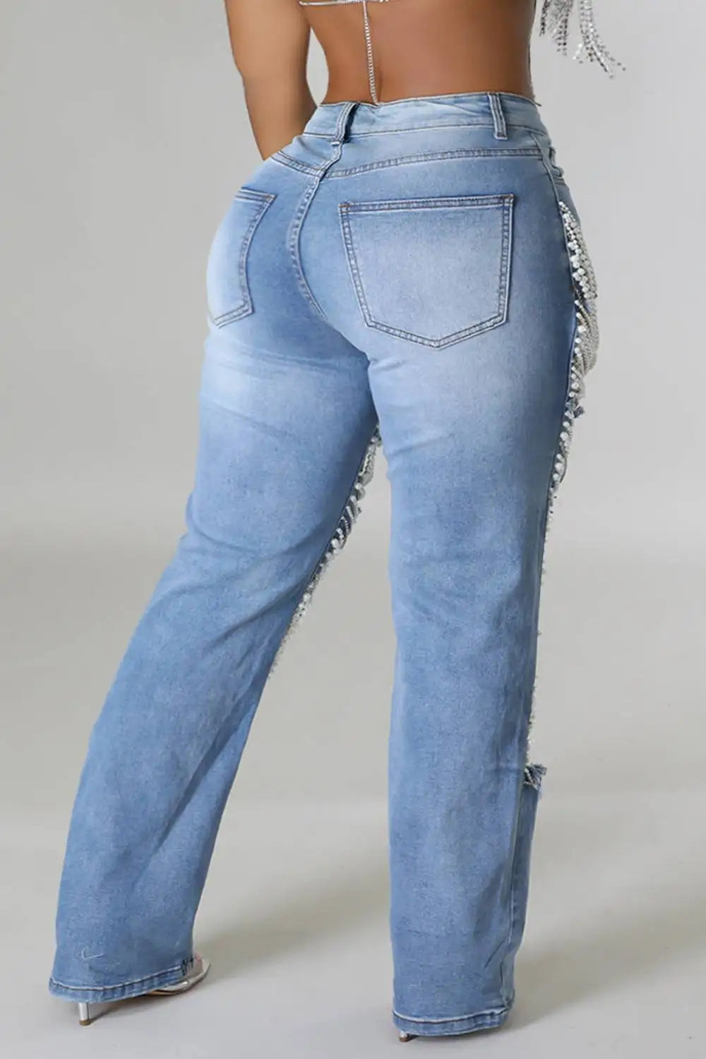 Hollow Out Pearl Jeans Plus Size Sexy Wide Leg Denim Pant Trousers High Quality Pockets Casual Streetwear Jeans for Women 2025