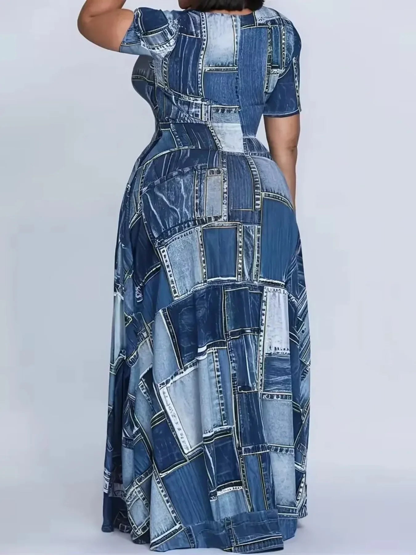 Plus Size 1XL-5XL Women's Fashionable and Casual Print Round Neck Short Sleeved Flared Hem Long Dress