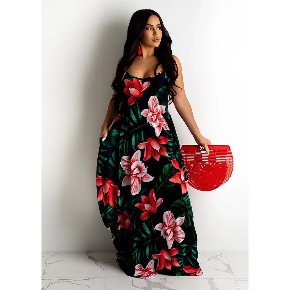 Plus size Europe and the United States cross-border plus size summer new station flower print loose slip dress long skirt