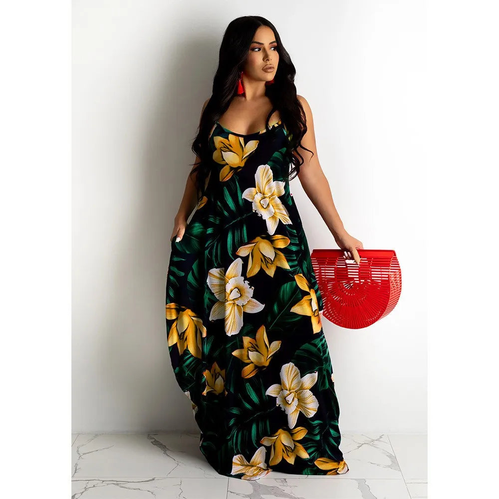 Plus size Europe and the United States cross-border plus size summer new station flower print loose slip dress long skirt