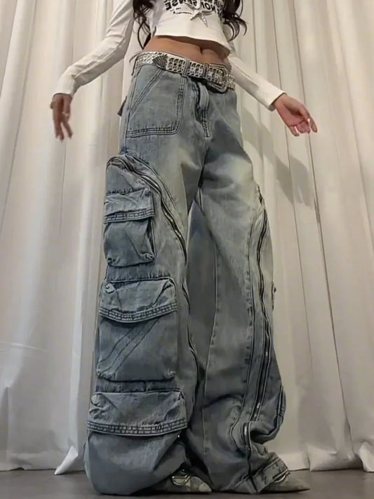 American New Fashion Retro Plus Size Washed Multi-pocket Overalls Jeans Women Y2K Street Straight BAGGY Wide Leg Drop Pants Tide