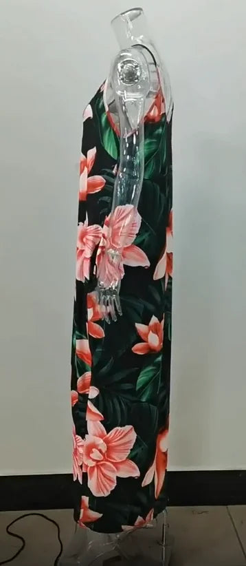 Plus size Europe and the United States cross-border plus size summer new station flower print loose slip dress long skirt
