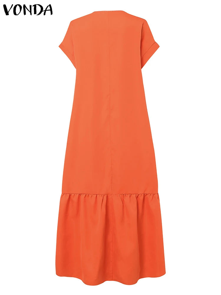 Plus Size VONDA Women Bohemian Dress 2025 Summer Sundress Solid Color Casual Short Sleeve Party Ruffled Vestidos V-Neck Robe