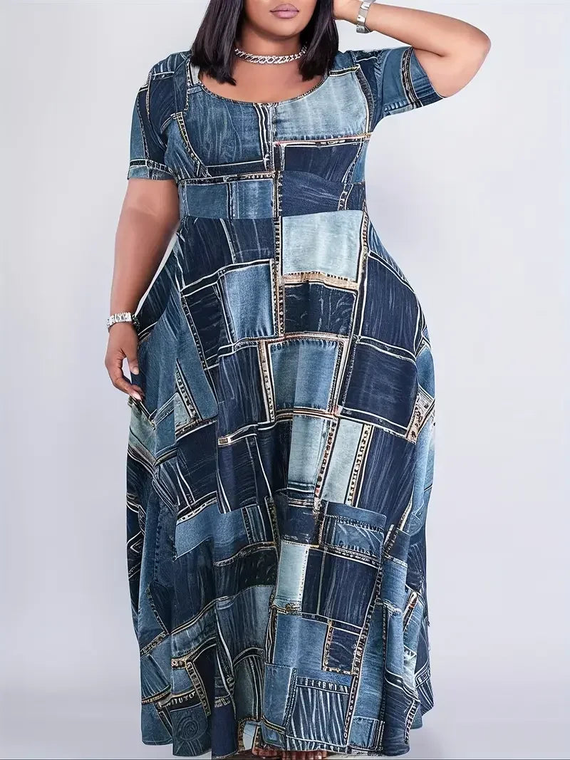 Women's Casual Plus Size 1XL-5XL Summer Maxi Dress Denim Plaid Dress Ladies Round Neck Short Sleeve Summer Maxi Dress Flared Hem