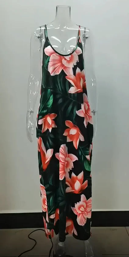 Plus size Europe and the United States cross-border plus size summer new station flower print loose slip dress long skirt