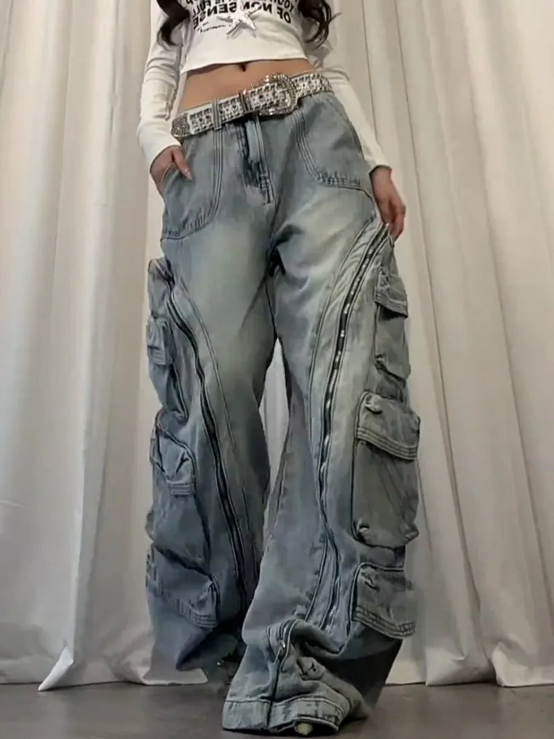 American New Fashion Retro Plus Size Washed Multi-pocket Overalls Jeans Women Y2K Street Straight BAGGY Wide Leg Drop Pants Tide