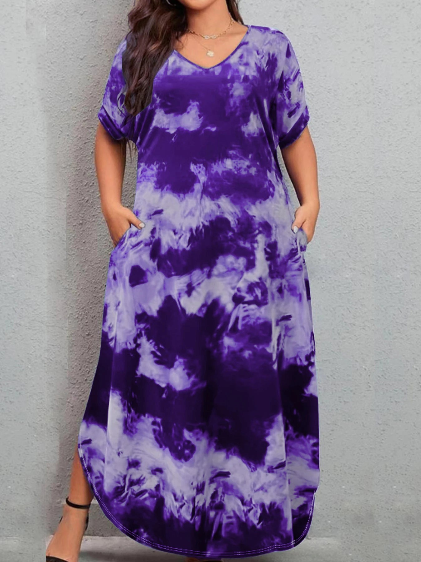 New European and American casual tie-dye V-neck loose plus size women's short-sleeved dress