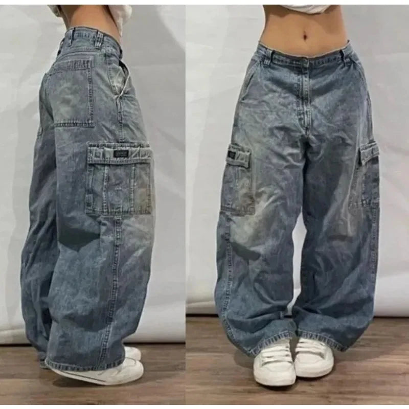 American New Fashion Retro Plus Size Washed Multi-pocket Overalls Jeans Women Y2K Street Straight BAGGY Wide Leg Drop Pants Tide