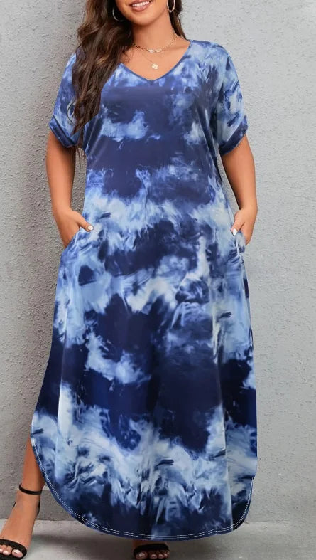 New European and American casual tie-dye V-neck loose plus size women's short-sleeved dress