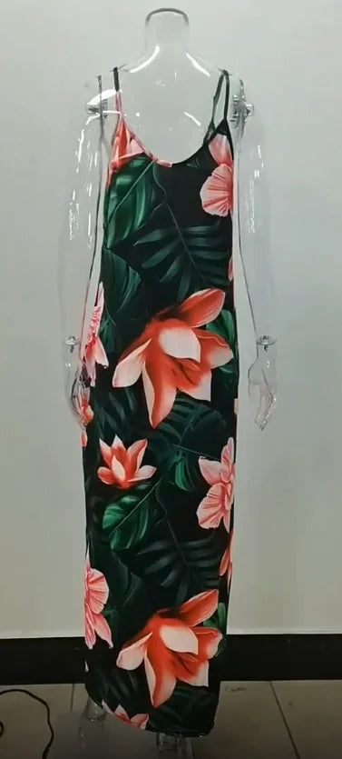 Plus size Europe and the United States cross-border plus size summer new station flower print loose slip dress long skirt