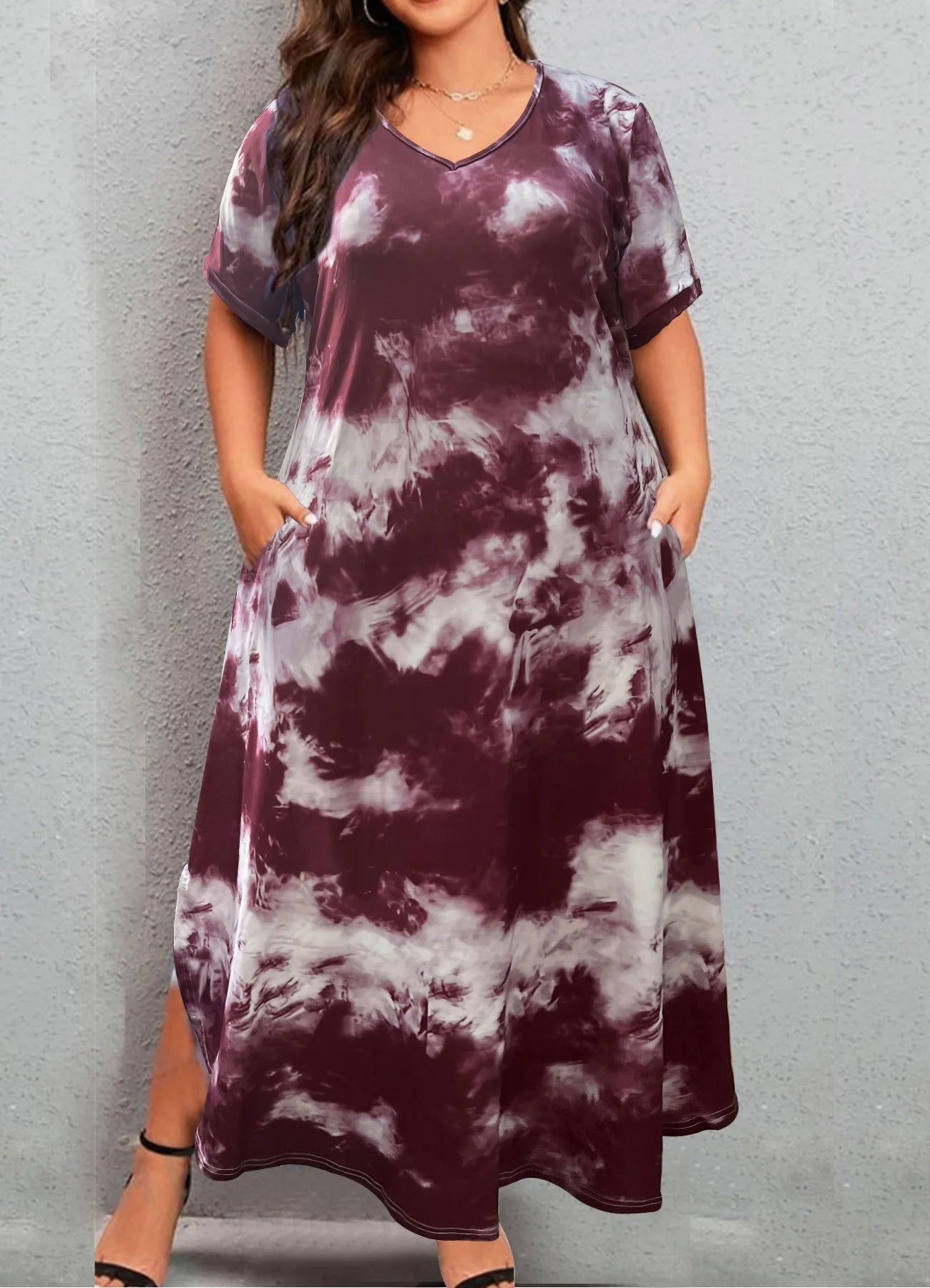 New European and American casual tie-dye V-neck loose plus size women's short-sleeved dress