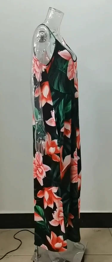 Plus size Europe and the United States cross-border plus size summer new station flower print loose slip dress long skirt