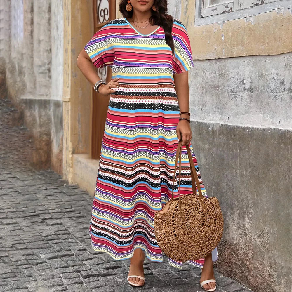 Plus Size Women's Boho Printed Short Sleeve T-Shirts Maxi Dress Summer Ladies Casual Beach Holiday Vacation Sundress Size1XL-5XL