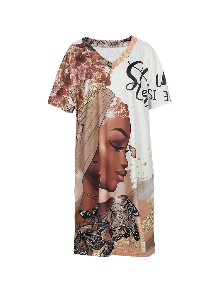 Plus Size Graphic and Letter Printed Dress,Casual Round Neck Short Sleeve Dress,Women's Plus Size Clothing