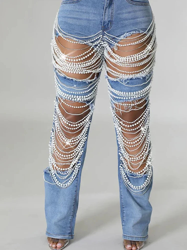 Hollow Out Pearl Jeans Plus Size Sexy Wide Leg Denim Pant Trousers High Quality Pockets Casual Streetwear Jeans for Women 2025