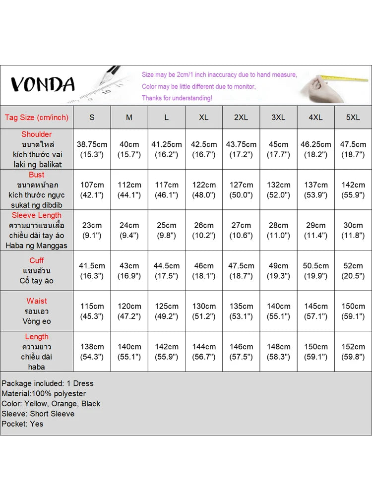 Plus Size VONDA Women Bohemian Dress 2025 Summer Sundress Solid Color Casual Short Sleeve Party Ruffled Vestidos V-Neck Robe