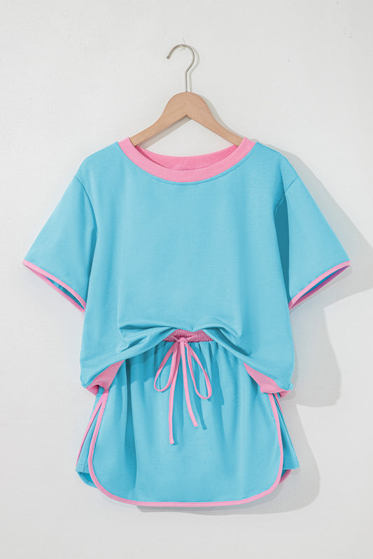 Turquoise Colorblock Edge Drop Shoulder T Shirt and Skort 2Pcs Set