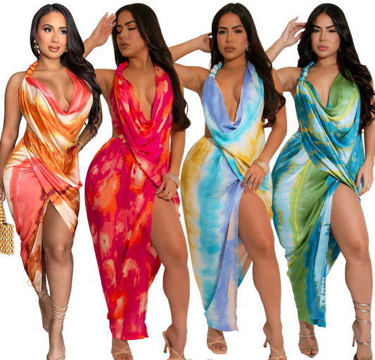 Tie Dyed Silk Texture Swing Neck Dress Summer
