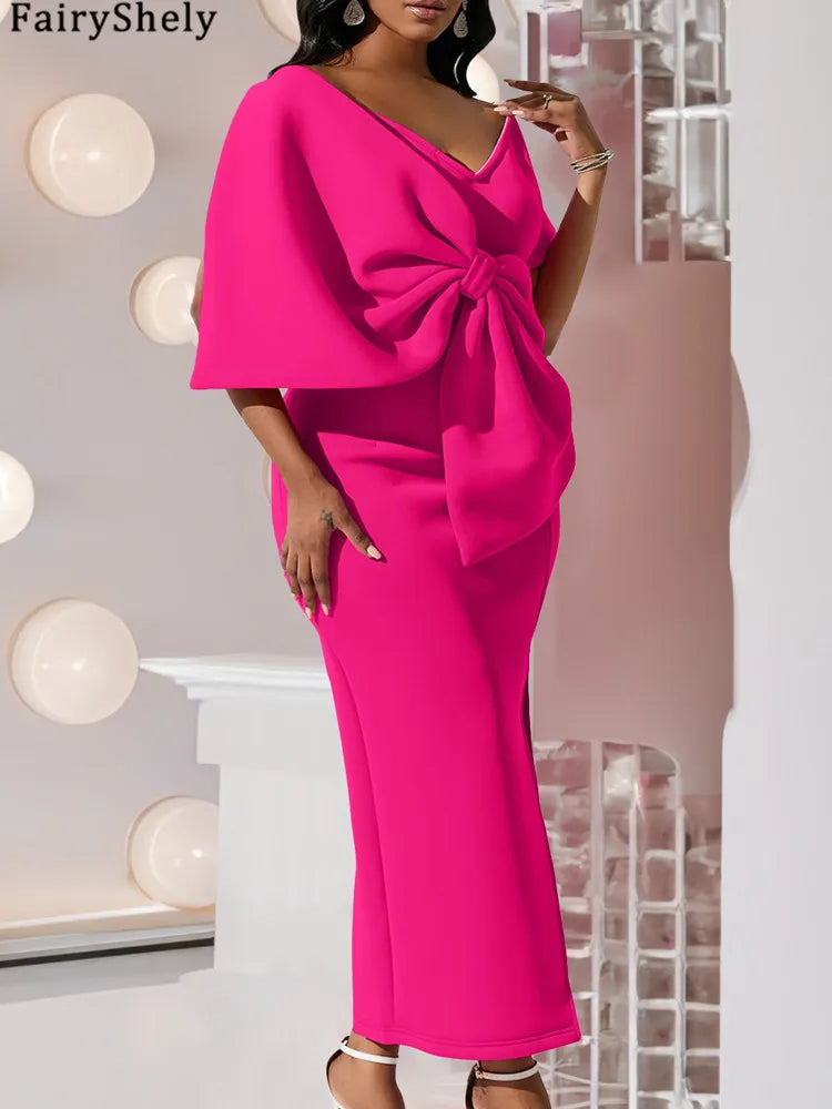 FairyShely 2025 Summer Bow Short Sleeve Plus Size Club Dress Women Solid Large Big Dresses Lady Slim Party Tight Curvy Dress