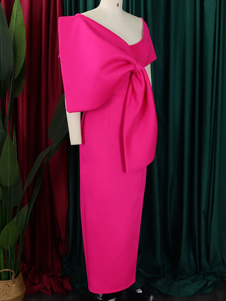 FairyShely 2025 Summer Bow Short Sleeve Plus Size Club Dress Women Solid Large Big Dresses Lady Slim Party Tight Curvy Dress