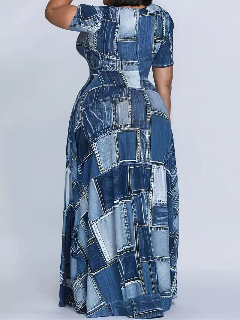 Women's Casual Plus Size 1XL-5XL Summer Maxi Dress Denim Plaid Dress Ladies Round Neck Short Sleeve Summer Maxi Dress Flared Hem