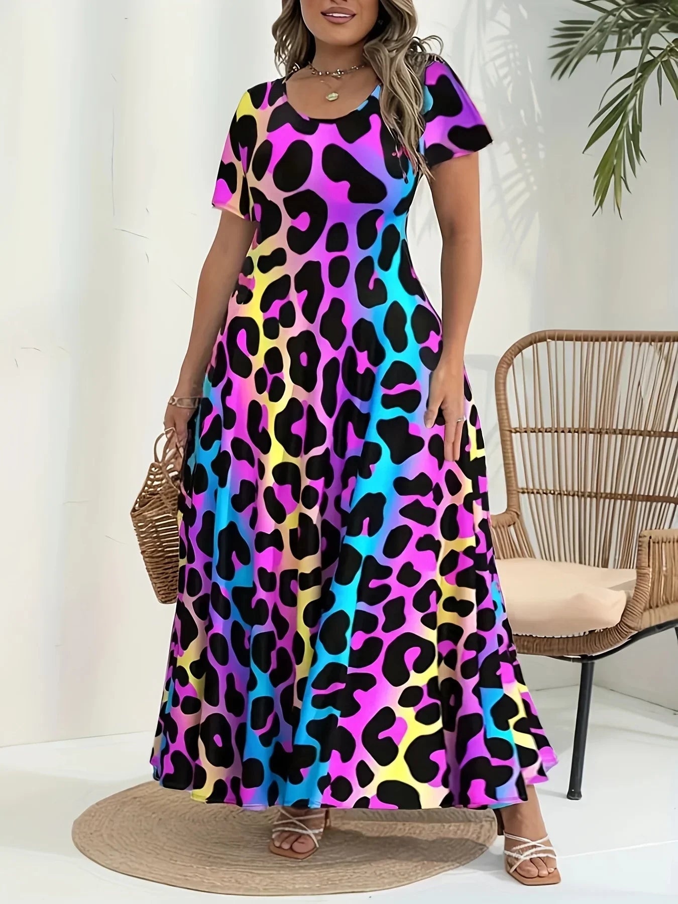 Women's Casual Plus Size 1XL-5XL Summer Maxi Dress Denim Plaid Dress Ladies Round Neck Short Sleeve Summer Maxi Dress Flared Hem