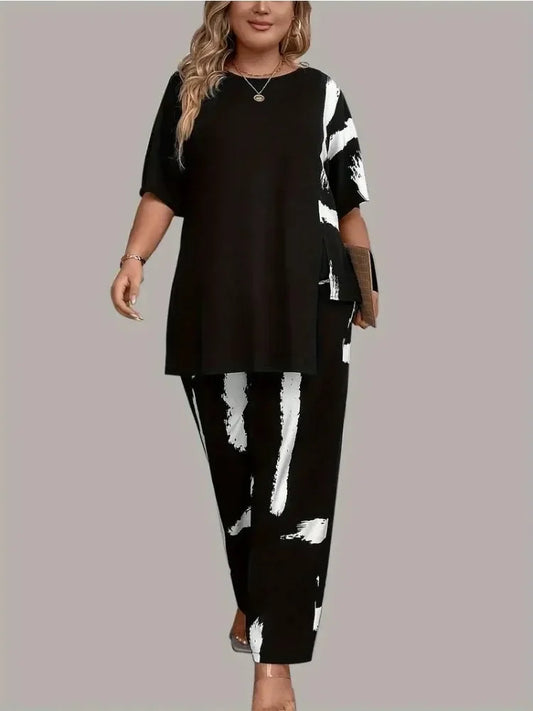 Plus Size Womens Brush Print Elegance  Short Sleeve Round Neck Split Top & Matching Pants 2 Piece Outfit Set