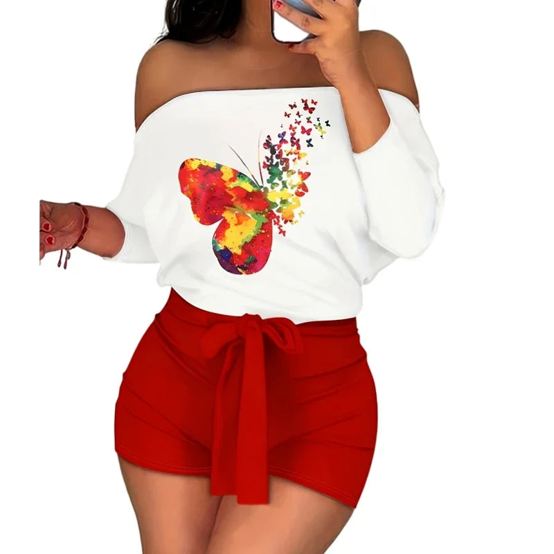 Plus Size 1XL-5XL Women's Fashion  Print Two Piece Set Outfit & Shorts Outfit Ladies Casual Shoulder-Baring T-Shirt