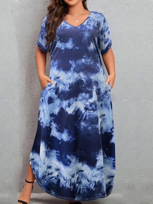 New European and American casual tie-dye V-neck loose plus size women's short-sleeved dress