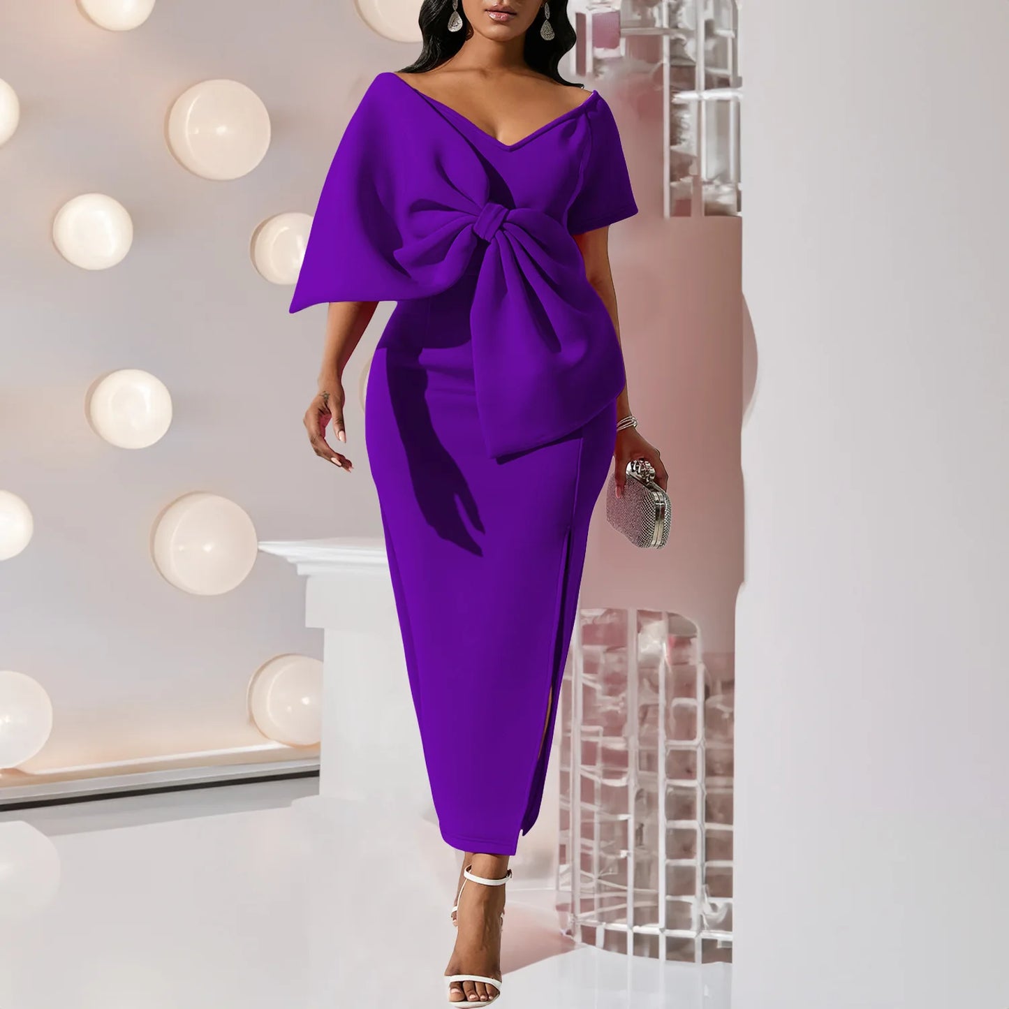 FairyShely 2025 Summer Bow Short Sleeve Plus Size Club Dress Women Solid Large Big Dresses Lady Slim Party Tight Curvy Dress