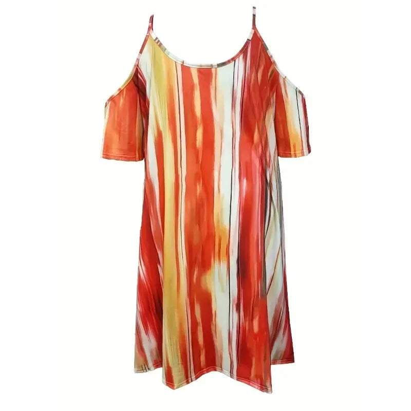 Plus Size 1XL-5XL Women's  Fashion Off The Shoulder Printed Knee Length Suspender Dress Ladies Summer Casual Long Dress