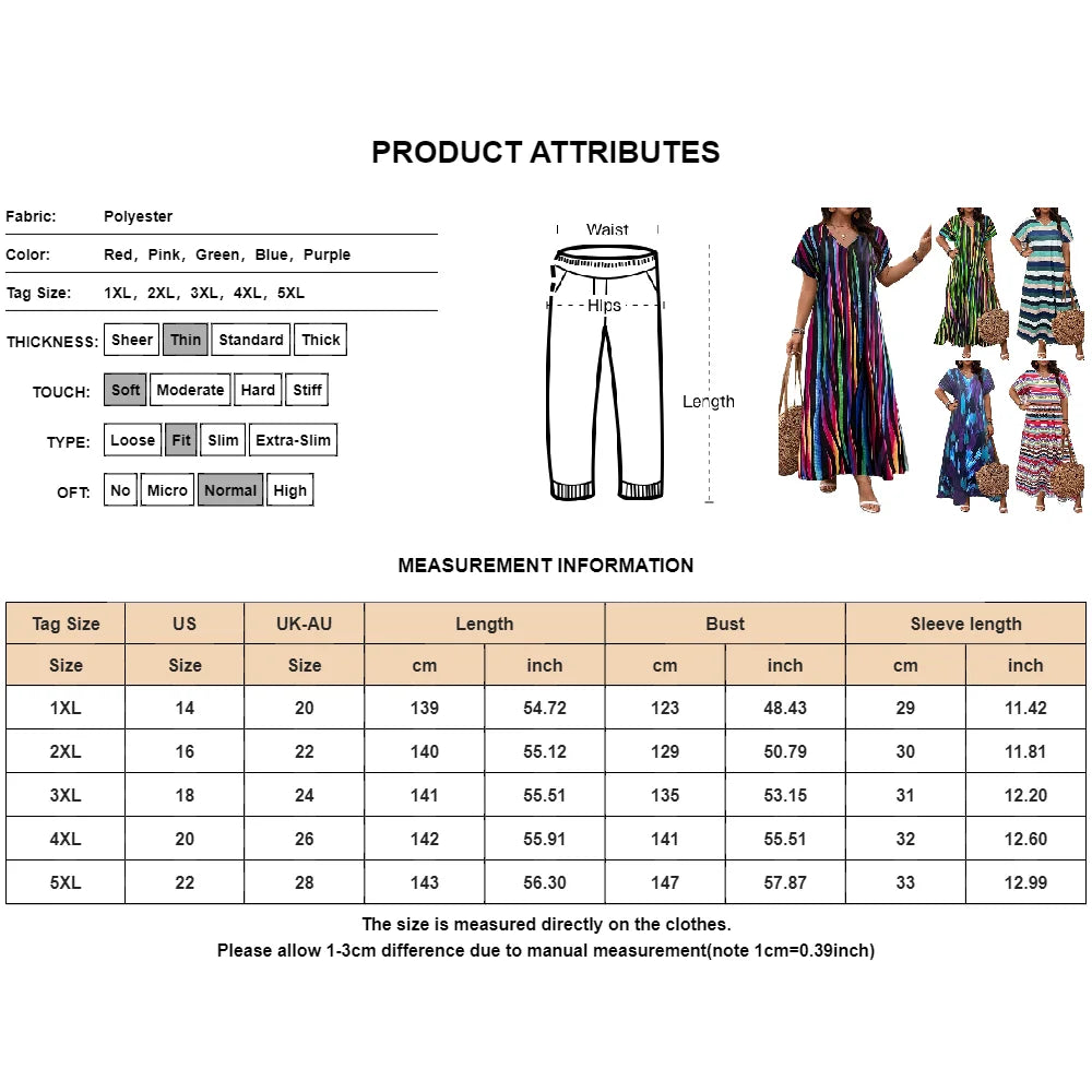 Plus Size Women's Boho Printed Short Sleeve T-Shirts Maxi Dress Summer Ladies Casual Beach Holiday Vacation Sundress Size1XL-5XL