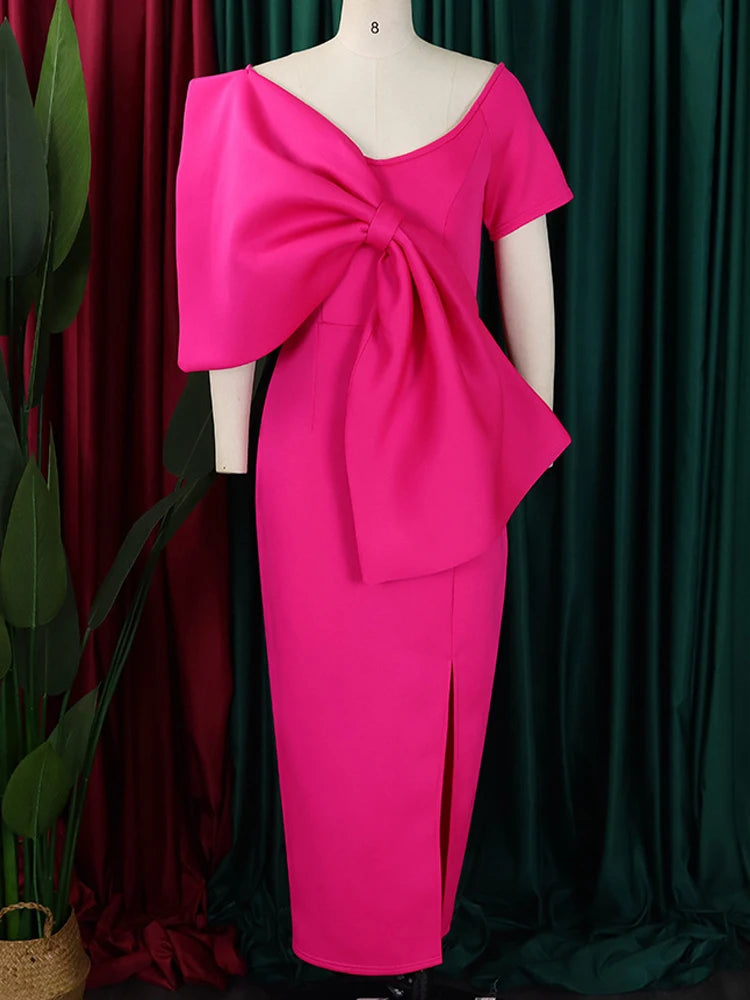 FairyShely 2025 Summer Bow Short Sleeve Plus Size Club Dress Women Solid Large Big Dresses Lady Slim Party Tight Curvy Dress