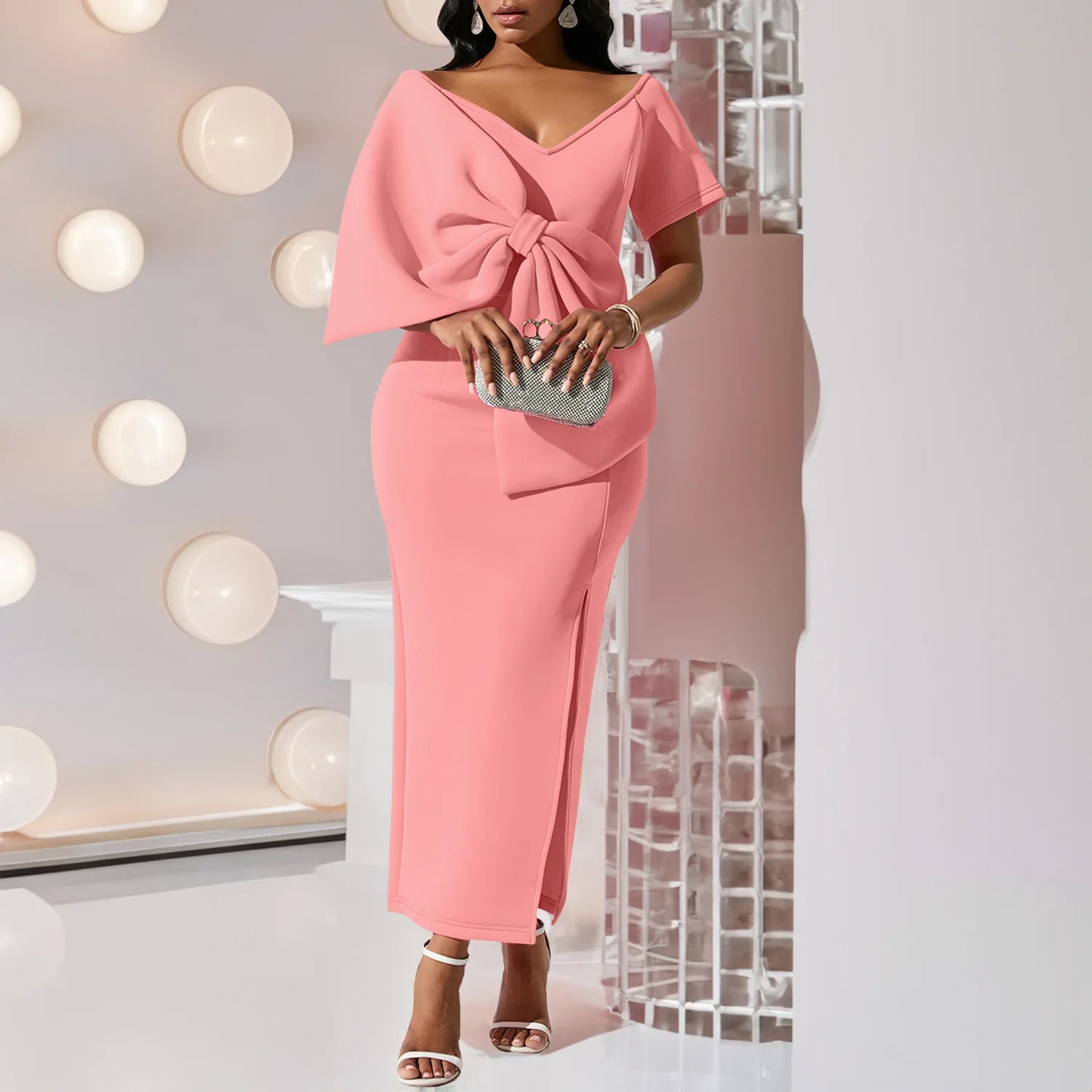 FairyShely 2025 Summer Bow Short Sleeve Plus Size Club Dress Women Solid Large Big Dresses Lady Slim Party Tight Curvy Dress