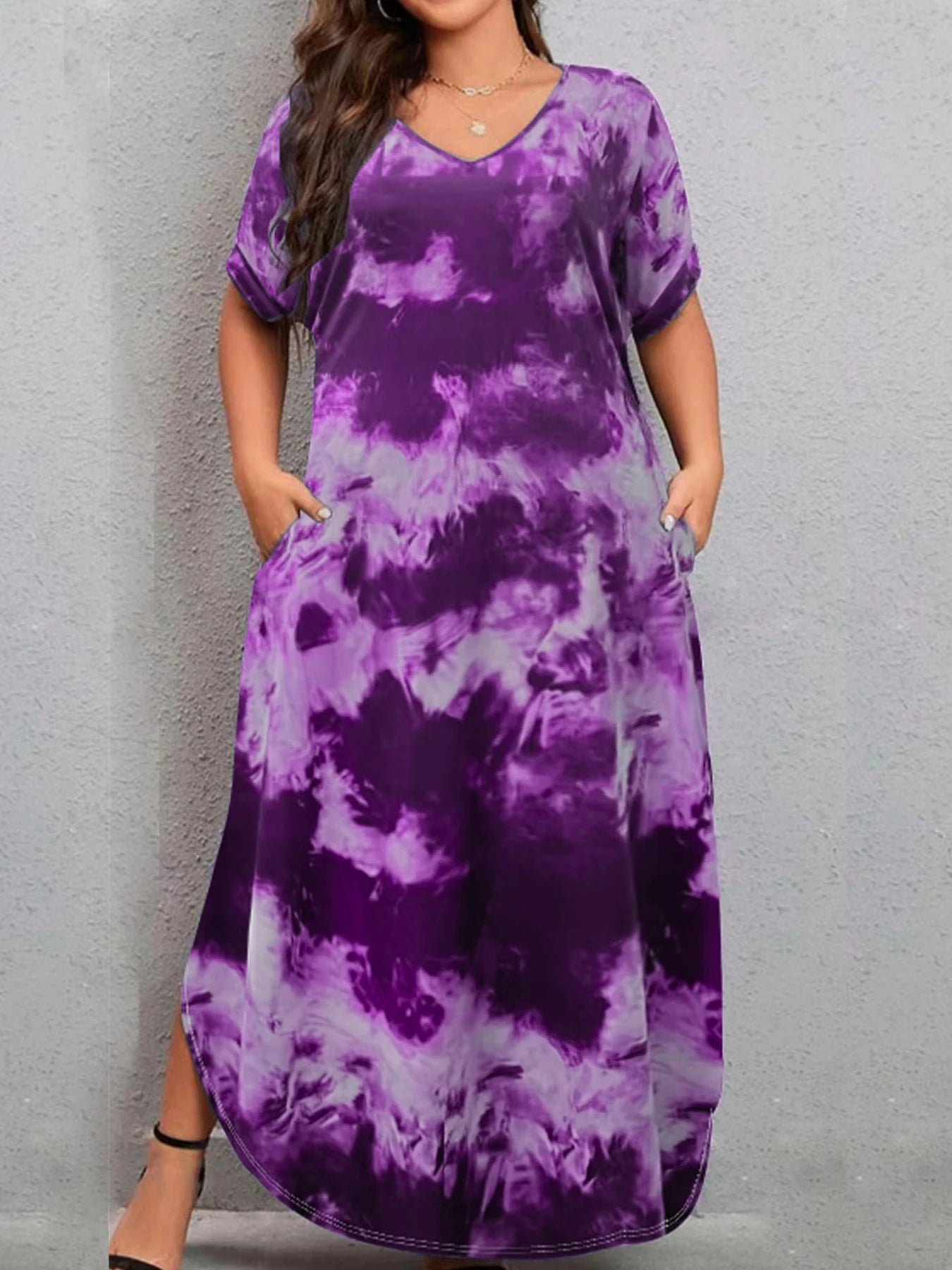 New European and American casual tie-dye V-neck loose plus size women's short-sleeved dress