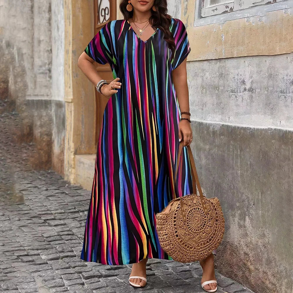 Plus Size Women's Boho Printed Short Sleeve T-Shirts Maxi Dress Summer Ladies Casual Beach Holiday Vacation Sundress Size1XL-5XL